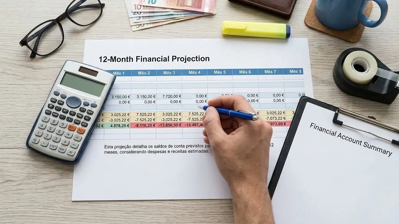 Hand using a pen to fill out a printed 12-month financial projection on a desk with a calculator, glasses, money, highlighter, and a cup of coffee