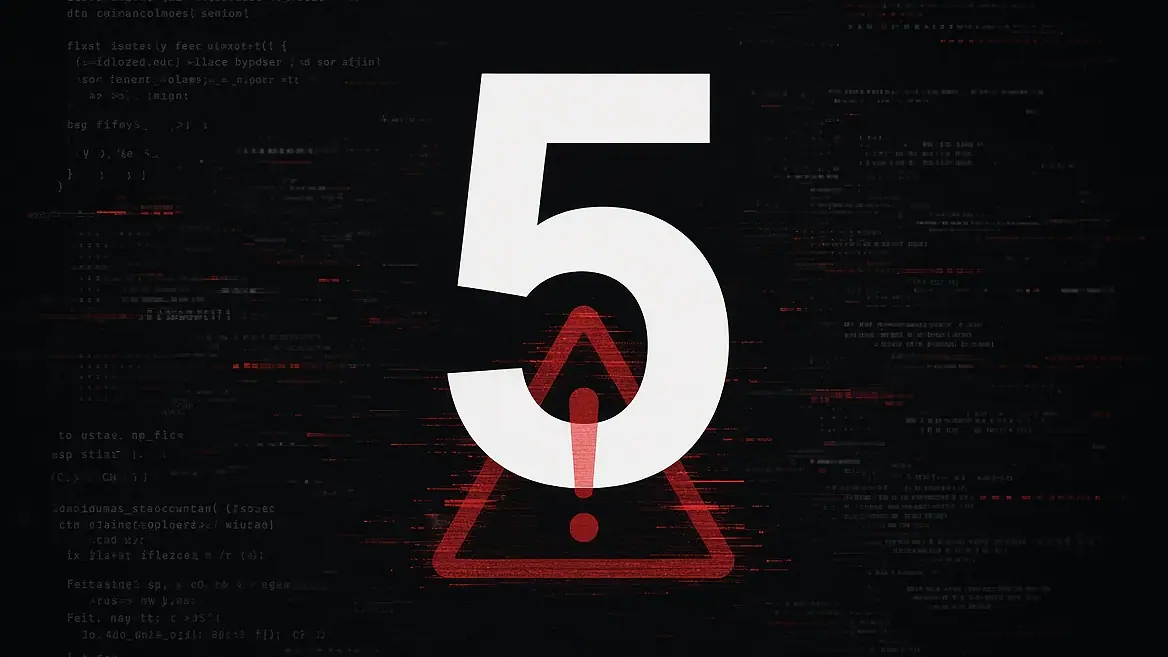 Large white number 5 on a dark background with code and a red warning triangle, representing the 5 costly mistakes in system development.